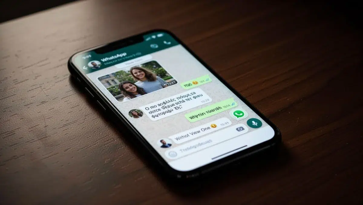 Smartphone screen showing a WhatsApp chat where a user politely asks to resend a photo without View Once, with focus on message bubbles in a casual conversation, one phone on a table in cinematic style with strong contrast and dramatic lighting.