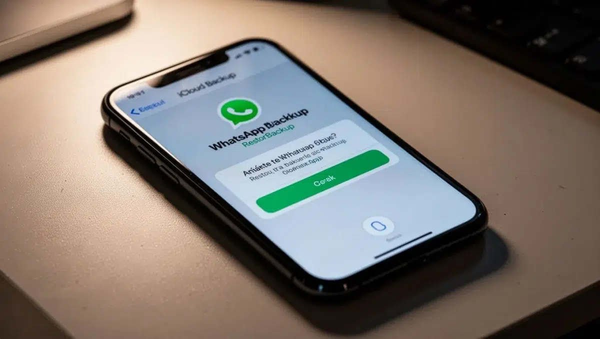 Close-up of iPhone screen showing iCloud backup interface with WhatsApp data restore option on a desk, cinematic style with dramatic lighting and strong contrast.