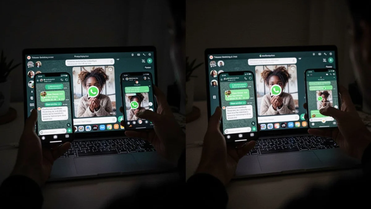 Smartphone mirroring WhatsApp View Once photo to laptop screen, captured by another phone in dim room with cinematic lighting and high contrast.