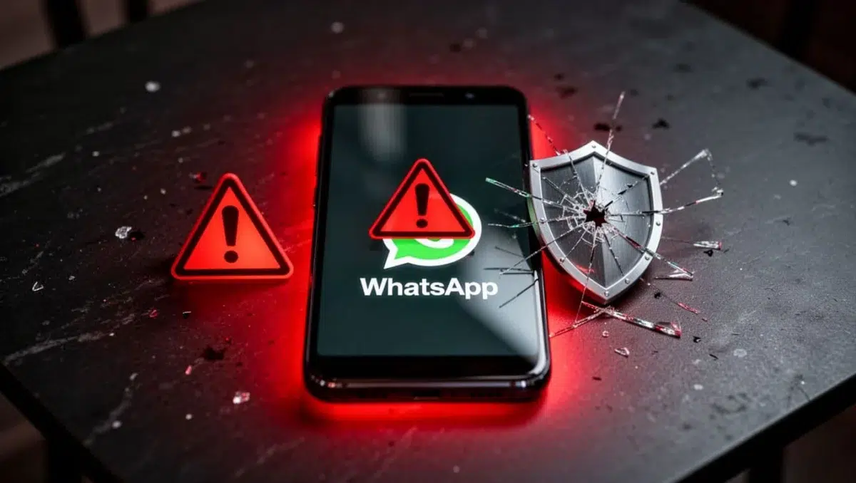Android smartphone showing root access warning icon and cracked security shield next to WhatsApp app, on dark table with red glow, cinematic style emphasizing danger.