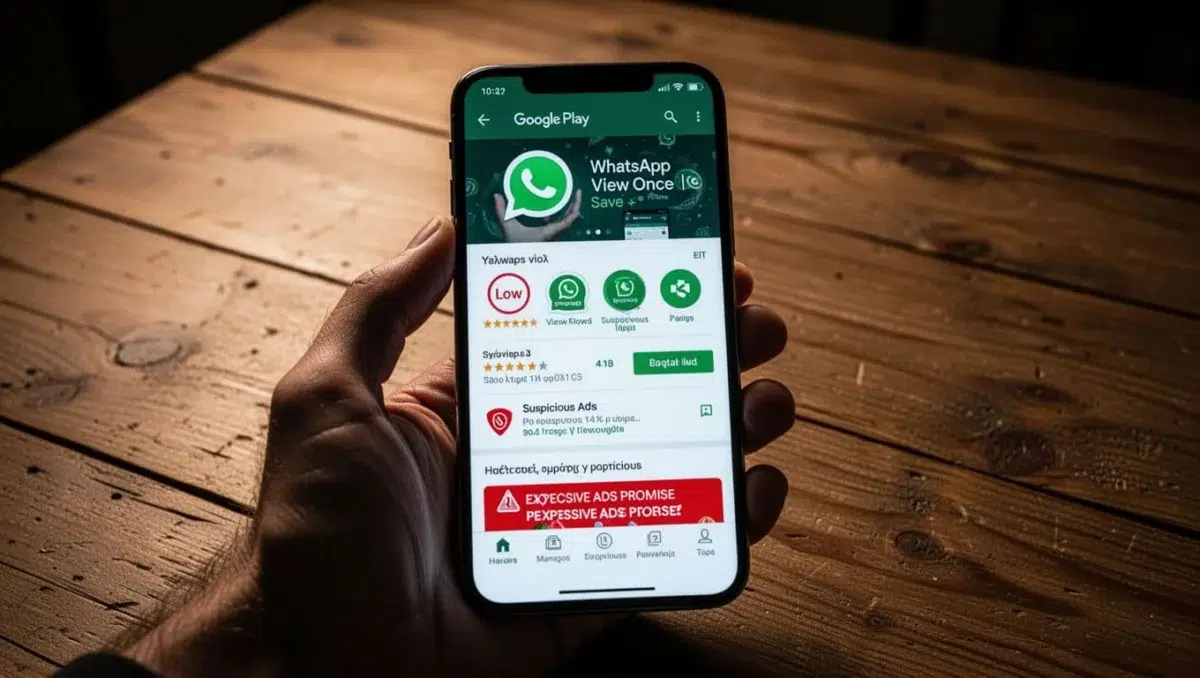 A hand holds a smartphone displaying a Google Play Store page for an app with low ratings, suspicious permissions icons, and urgent red flags like excessive ad promises, set on a wooden table with cinematic dramatic lighting and depth of field.