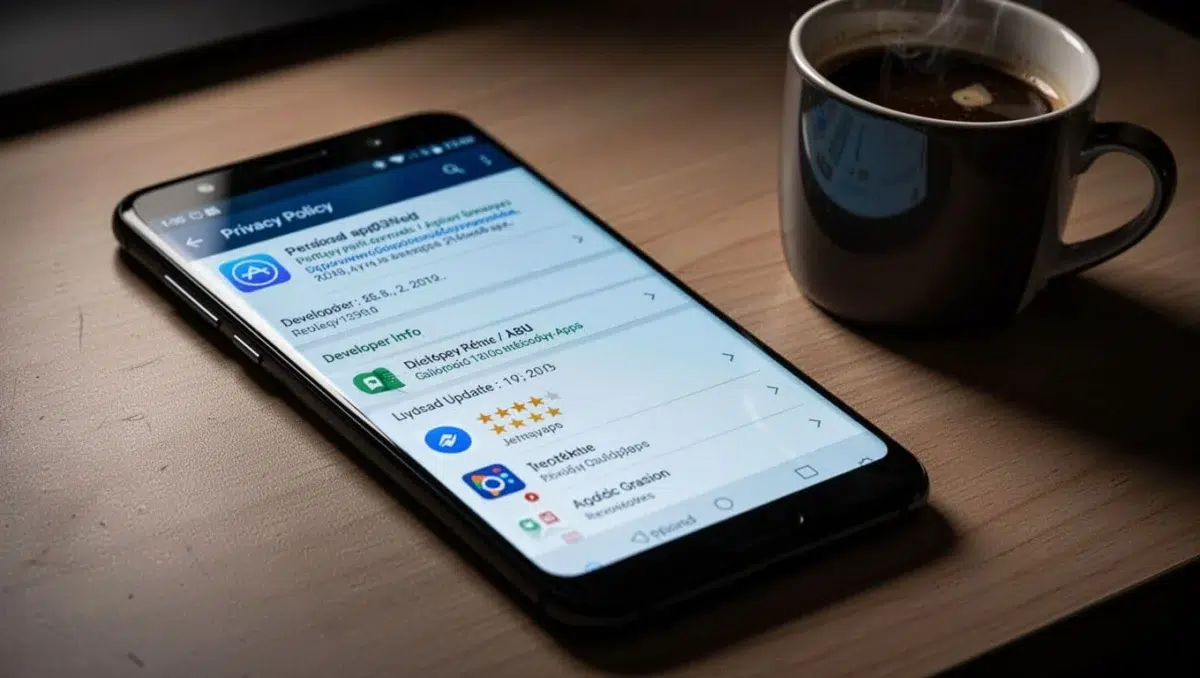 Close-up of Android phone screen showing app details page with privacy policy, developer info, last update, review stars, and permissions check, on desk with coffee mug in cinematic dramatic lighting.