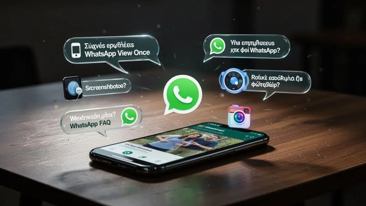 Illustration of a smartphone with WhatsApp FAQ bubbles on View Once photo saving, featuring screenshot and gallery icons, cinematic style with dramatic lighting.