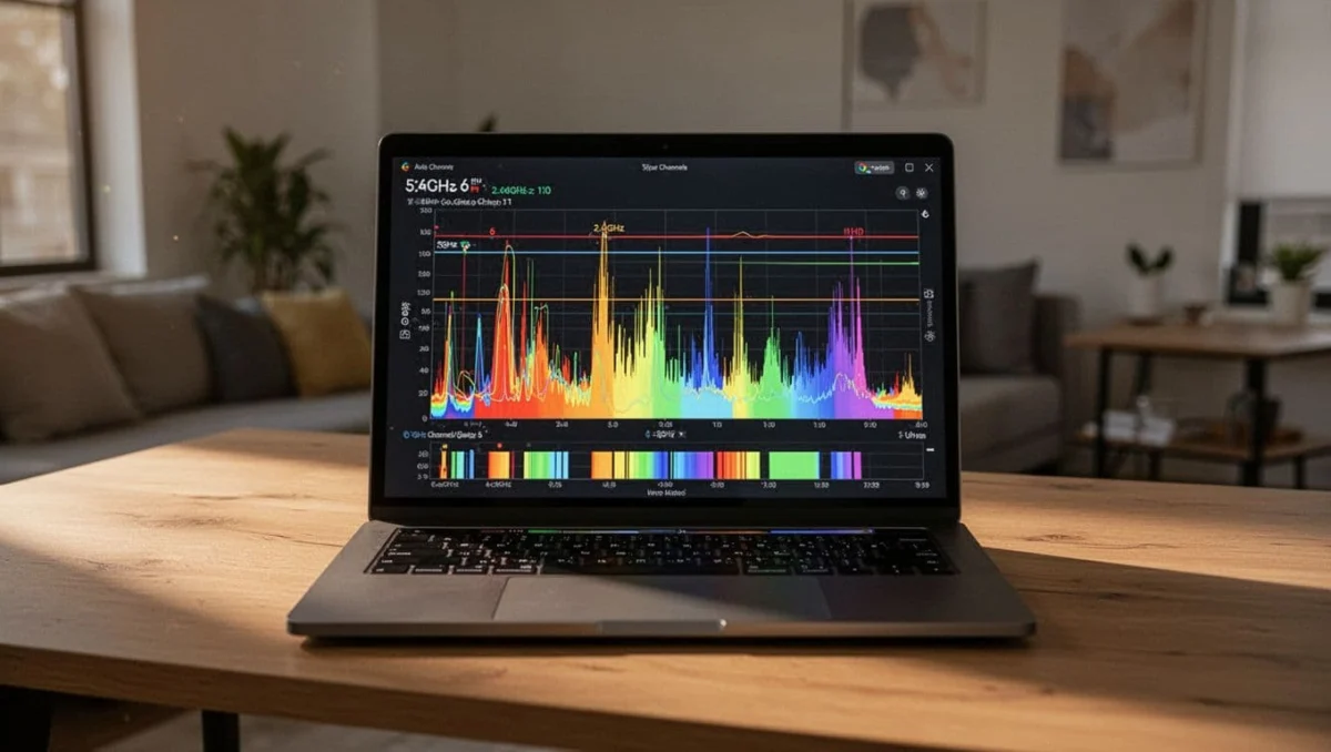 Spectrum analyzer screen on a laptop showing crowded WiFi channels in an apartment building, with high peaks on channel 6 and 11 for 2.4GHz and several on 5GHz, featuring overlapping signal bars in a modern dark theme interface.
