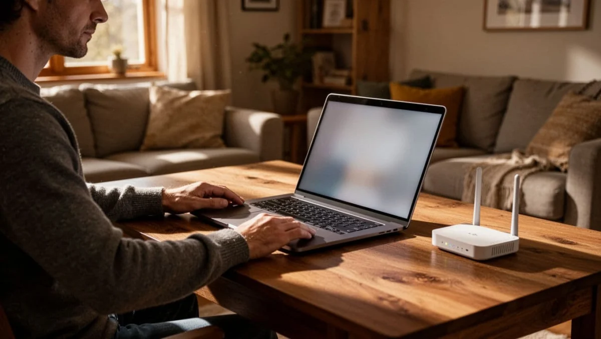 A relaxed home user at a wooden desk with an open laptop displaying a blurred generic router admin login page, hands near keyboard in a cozy living room with router nearby, cinematic dramatic lighting.