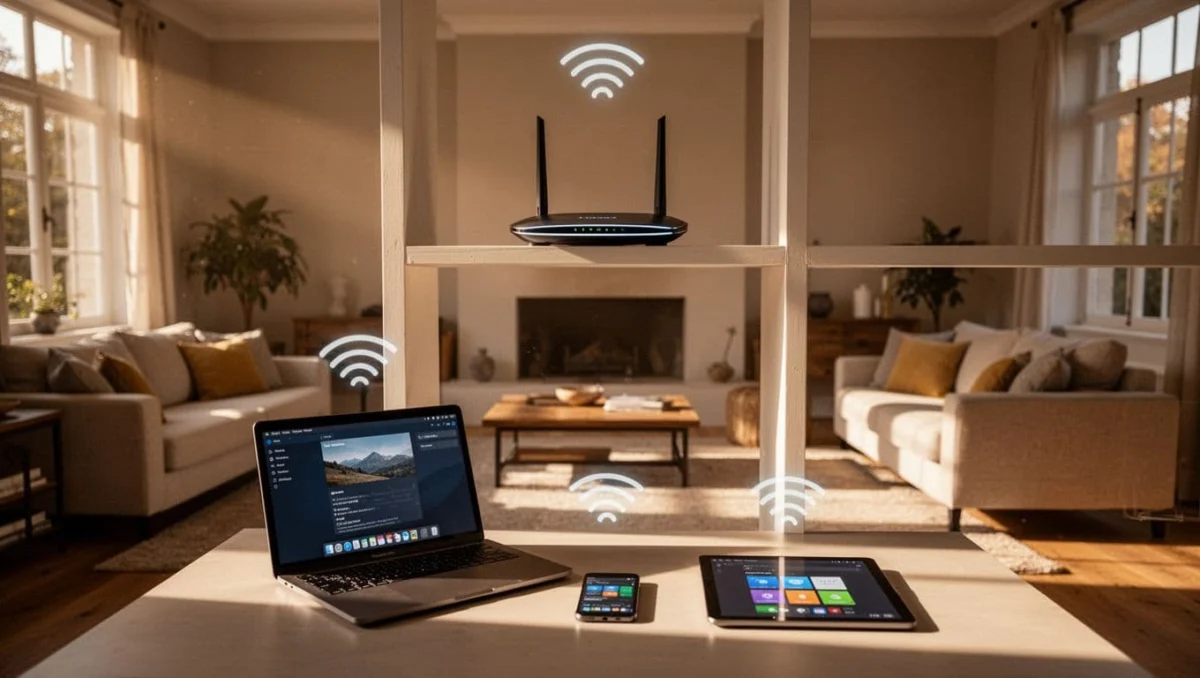 Modern router elevated on open shelf in central living room, away from walls and appliances, with connected devices showing strong WiFi signal waves in warm interior.