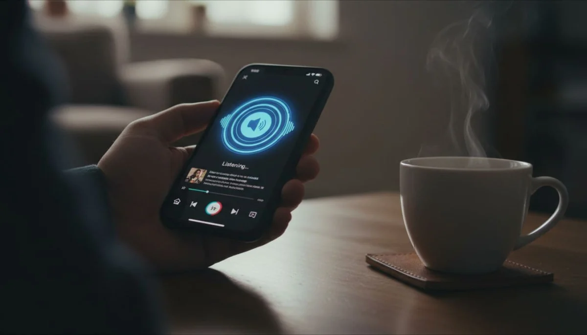 Close-up of one hand holding a smartphone with Shazam app open, listening to a TikTok song on the screen, casual home table setting with coffee, cinematic dramatic lighting.