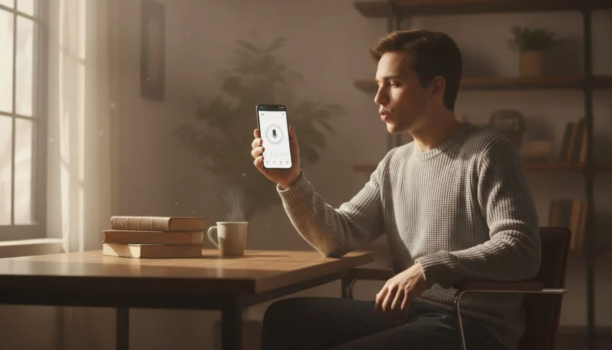 A single person sits at a desk in a cozy home office, holding a smartphone with the Google app open to the microphone icon for song search, humming a tune with mouth slightly open and eyes focused on the screen.