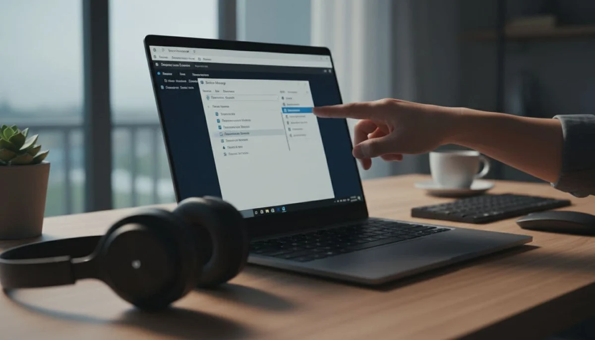 Windows 11 laptop on desk shows expanded Bluetooth in Device Manager; hand points to adapter, headphones nearby.