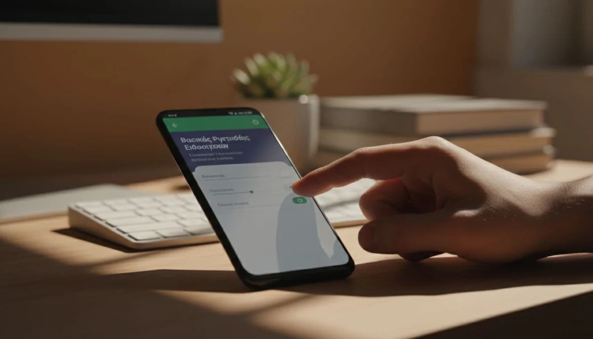 Android smartphone on a desk with screen showing WhatsApp notification settings menu at an angle, user's relaxed hand adjusting the slider nearby, in a cozy home office with soft window light and cinematic style.
