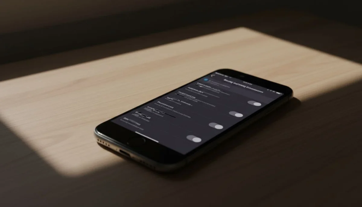 iPhone screen displaying the Messenger app notifications settings menu with toggles visible, angled on a desk under soft natural light with cinematic contrast and dramatic shadows.