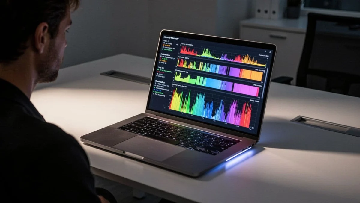 Over-the-shoulder view of a laptop screen displaying Chrome Task Manager with high memory and CPU usage bars for tabs and extensions, in a clean modern office desk setting.