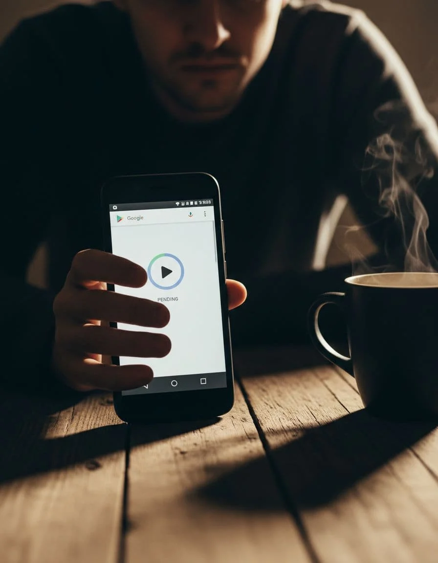 A hand holds an Android smartphone displaying the Google Play Store with a download frozen at 'Pending' status, subtle frustration on the user's face, set on a wooden table beside a coffee mug in cinematic style with dramatic side lighting and depth of field.
