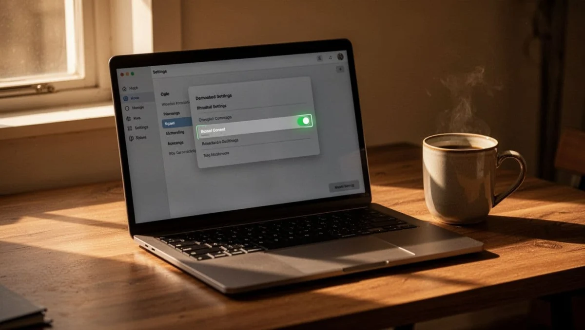 Laptop on a desk with Chrome Performance tab open showing Memory Saver enabled, in a relaxed environment with a coffee mug nearby and cinematic warm lighting.
