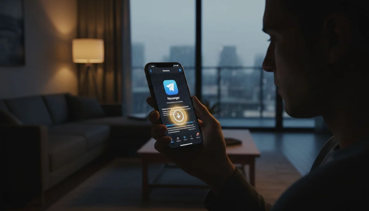 A person holds an iPhone in a modern living room, checking the Messenger app for updates in the App Store, captured in cinematic style with dramatic side lighting.