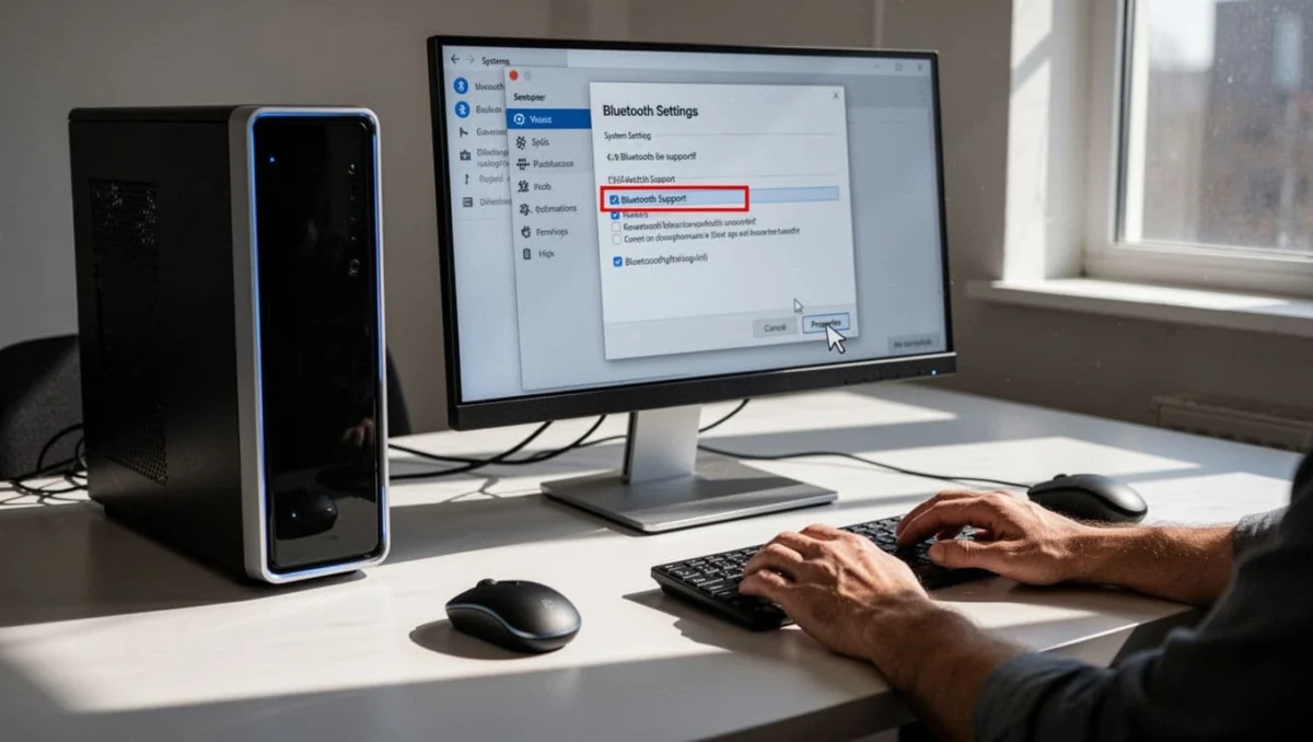 Windows 11 PC setup with Services.msc open to selected Bluetooth Support Service, cursor on properties, disconnected mouse and keyboard on desk.