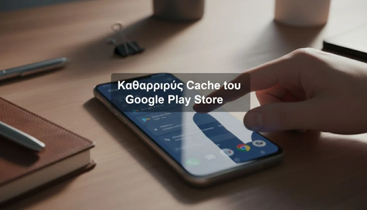Android smartphone lying on a desk with a user's hand navigating the settings menu to Google Play Store storage options for clearing cache. Modern workspace with notebook and pen, cinematic style with dramatic overhead lighting and high depth of field.