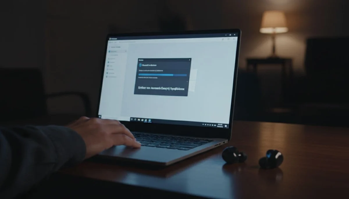 Close-up of Windows 11 Settings screen running Bluetooth troubleshooter, wireless earbuds beside laptop, hand on trackpad in dim room.
