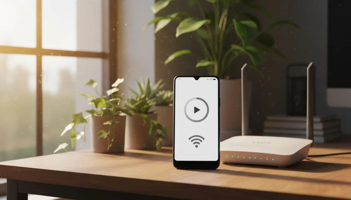 Android smartphone next to WiFi router on a home office desk, screen showing successful Google Play download with full signal bars, cinematic style with dramatic warm lighting.