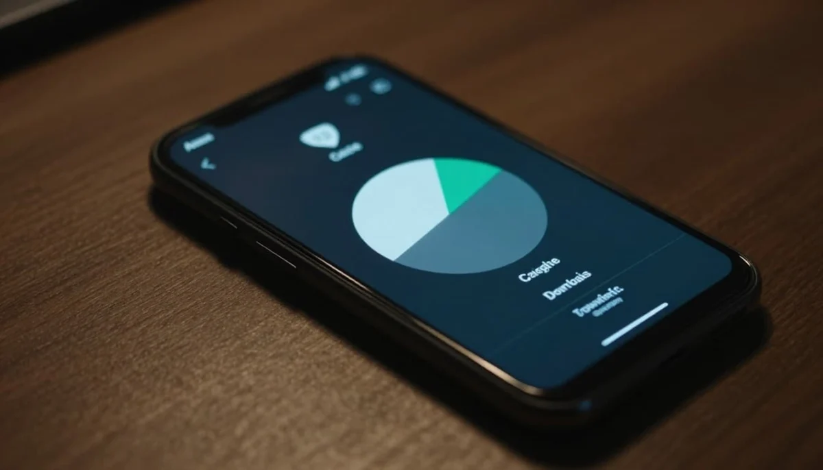 Close-up of a modern Android smartphone on a desk, screen showing storage categories like apps, cache, and downloads via a pie chart. Cinematic style with dramatic lighting, soft blurred background, no text or logos.