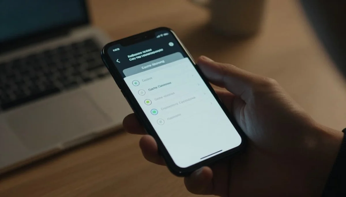 Person's hand naturally holding an Android phone on a desk, screen showing blurred app cache cleaning option in settings. Cinematic style with strong contrast, depth, and dramatic lighting.