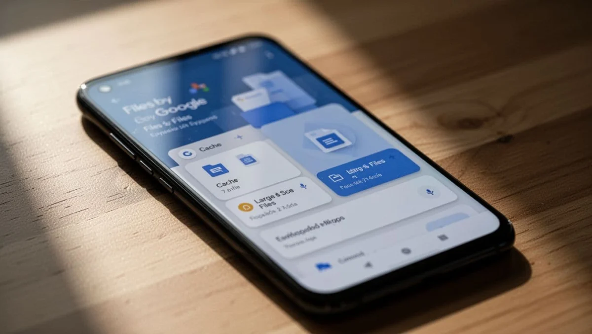 Close-up Android phone screen with Files by Google app open, showing blurred suggestions for cache and large files cleanup. Phone flat on table in natural light, cinematic style with dramatic contrast and depth.