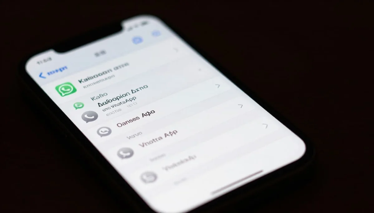 Smartphone settings menu highlighting WhatsApp storage data with large files, device tilted on desk in cinematic style with strong contrast and dramatic lighting. Screen angled and blurred, no readable text or visible hands.