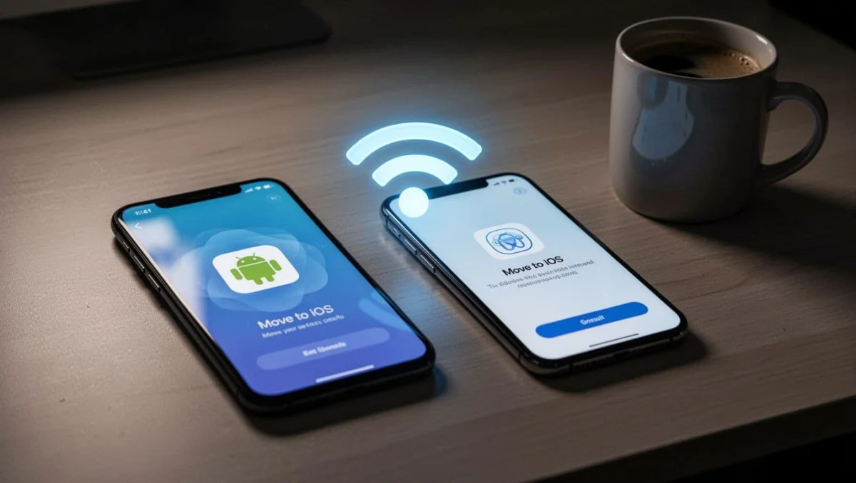Android smartphone and iPhone positioned side by side on a desk, screens angled to show Move to iOS app setup with a glowing WiFi symbol between them, coffee mug nearby, cinematic style with dramatic lighting.