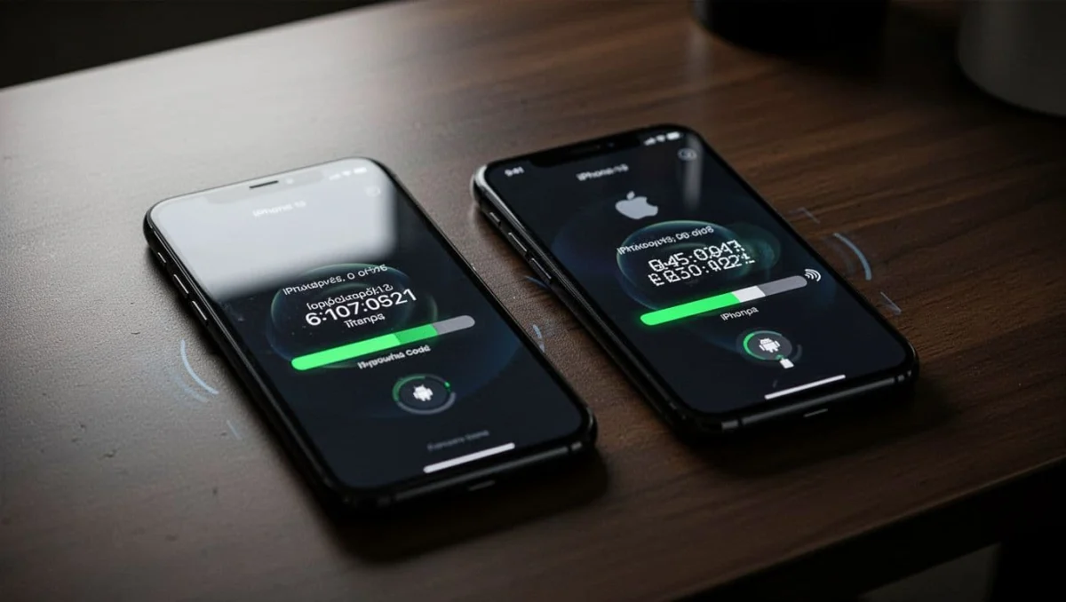 Android phone scanning 6-digit transfer code from iPhone screen on table, wireless connection with progress bar, cinematic style high contrast.