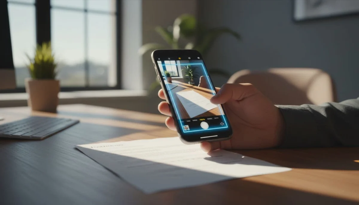 Close-up of an iPhone held over a document on a desk, displaying the automatic scan detection outline in a natural office setting with cinematic lighting and depth.
