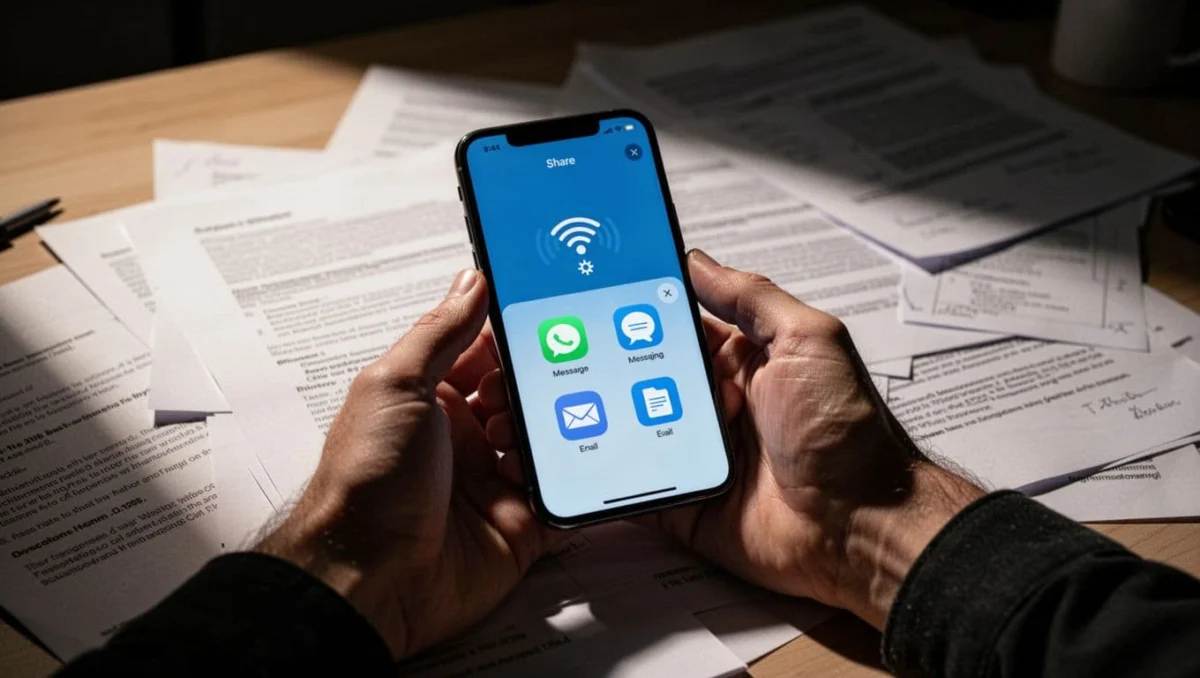 Hand holding iPhone over desk with papers, showing Notes app share options menu open for multi-page scanned document PDF, with AirDrop, Messages, Mail, and Save to Files selected, in cinematic style with dramatic lighting.