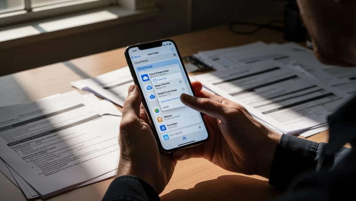 Person saving scanned document PDF to iCloud Drive folder in Files app on iPhone screen, held naturally by one hand on office desk next to printed documents, cinematic style.