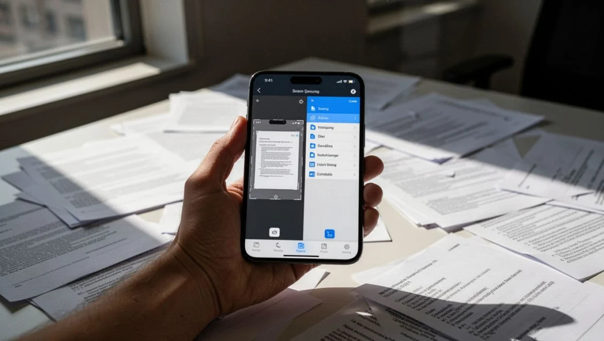 Split screen comparison of iPhone Notes app document scanning interface on the left and Files app on the right, phone held over office desk with documents.