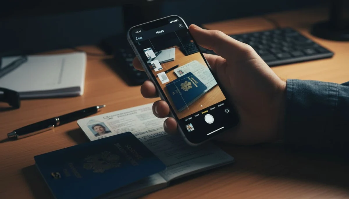 iPhone screen displaying Notes app document scan interface with multiple pages added, hand holding phone over passport pages on an office desk in cinematic style.