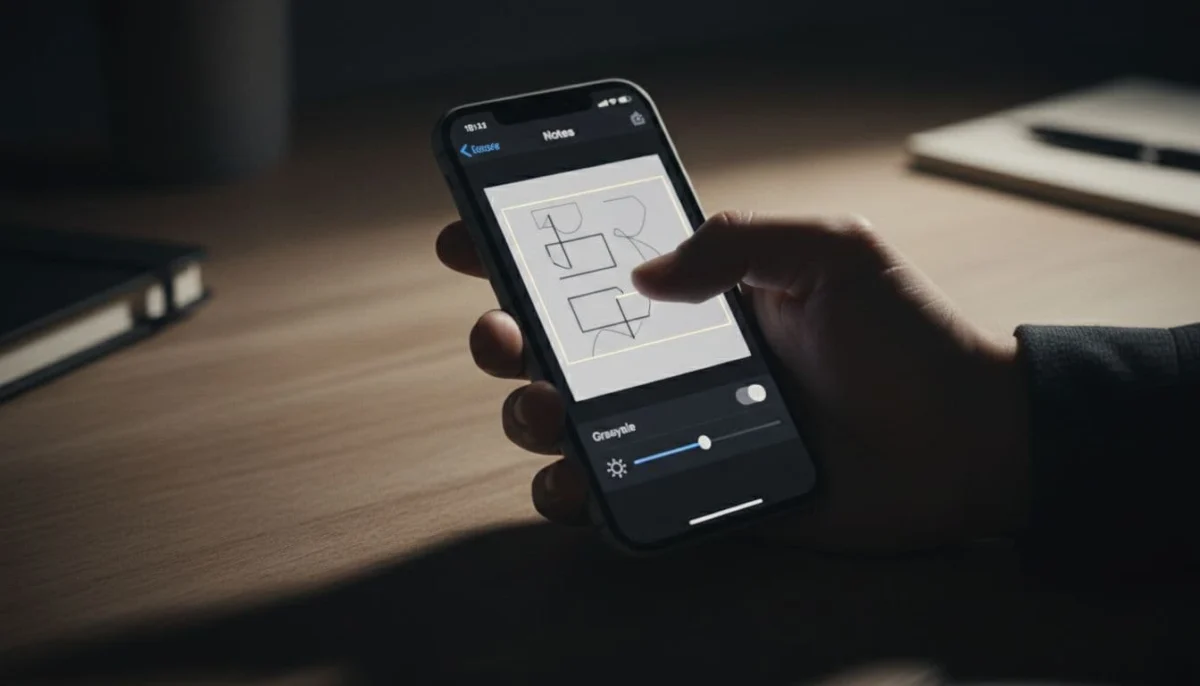A close-up of an iPhone screen in the Notes app showing a scanned document being edited with the crop tool active and color adjustment options like grayscale and brightness sliders visible. A single hand naturally adjusts the partially cropped and rotated document on a desk, captured in cinematic style with strong contrast, depth, and dramatic lighting.