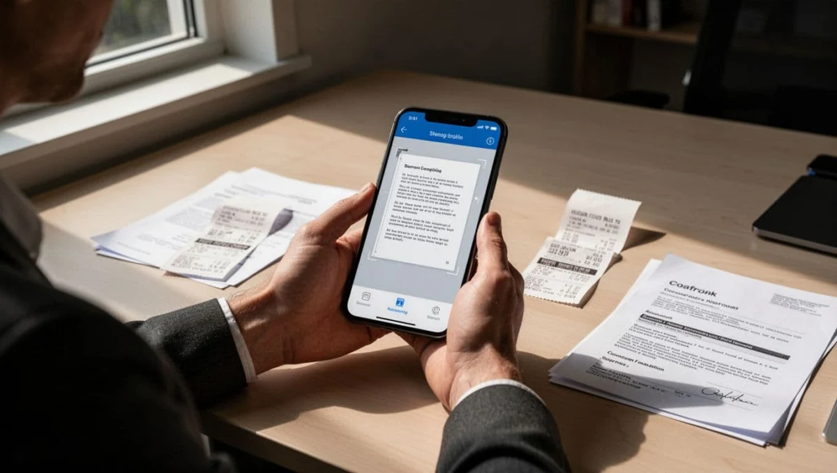 Person holding iPhone open to Files app ready for document scanning on a desk with receipts and contracts, natural office setting, cinematic style with strong contrast and dramatic lighting.