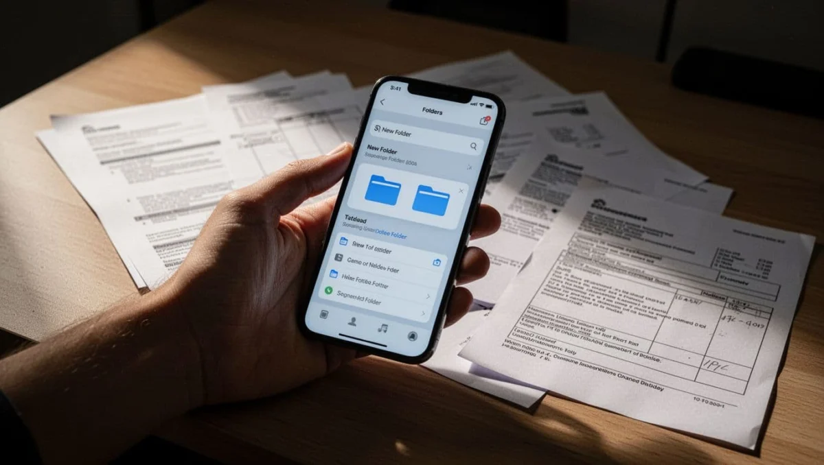 iPhone screen in the Files app showing the creation of folders named 'Αποδείξεις' and 'Συμβόλαια' for organizing scanned documents, held naturally by one hand over a desk with scanned papers nearby, captured in cinematic style with strong contrast, depth, and dramatic lighting.