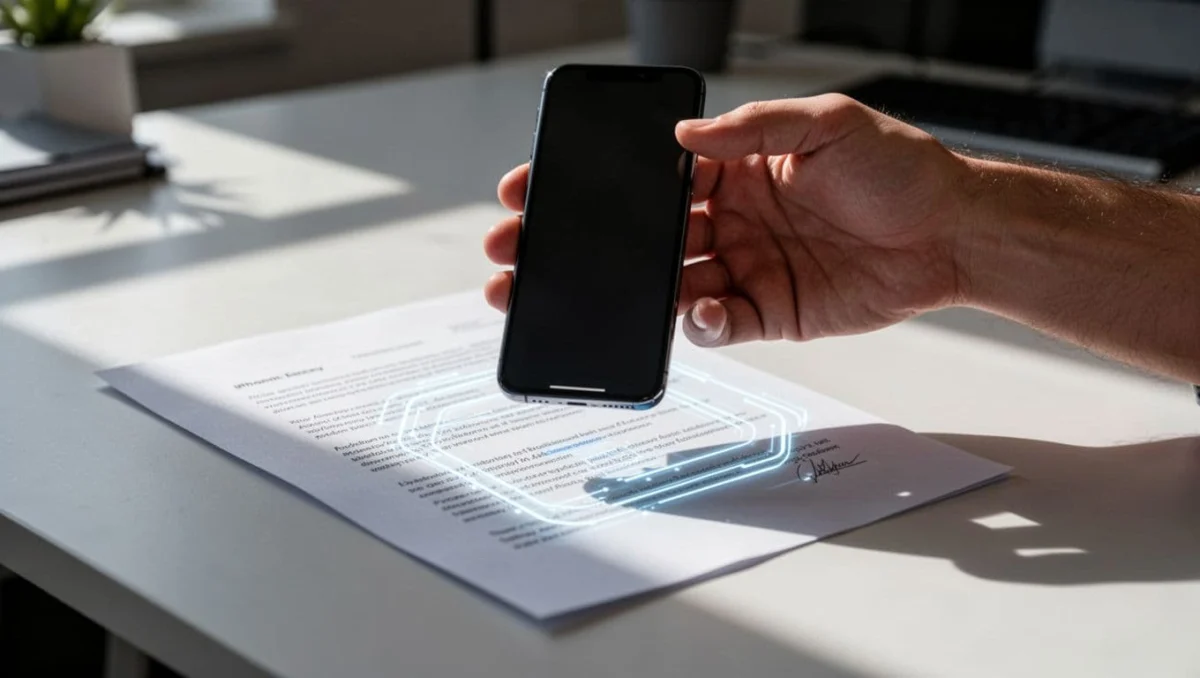 iPhone held steadily over a flat document on a well-lit desk with automatic scan outline visible, perfect alignment, lighting, and one hand holding the phone naturally in an office setting with cinematic style.