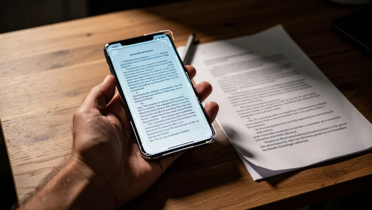 Close-up of iPhone screen in Notes app displaying an edited scan with filters, adjusted brightness, and perfectly cropped corners, hand holding phone on desk beside document, in cinematic style with dramatic lighting and depth.