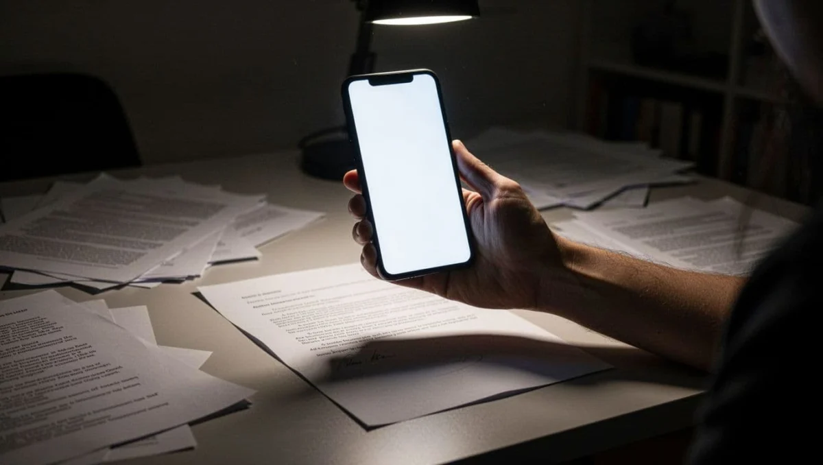 A hand steadily holds an iPhone over a document on a desk cluttered with papers in dim lighting, with the phone screen showing no detection outline and the flash icon activating. Cinematic style featuring strong contrast, depth, and dramatic lighting.