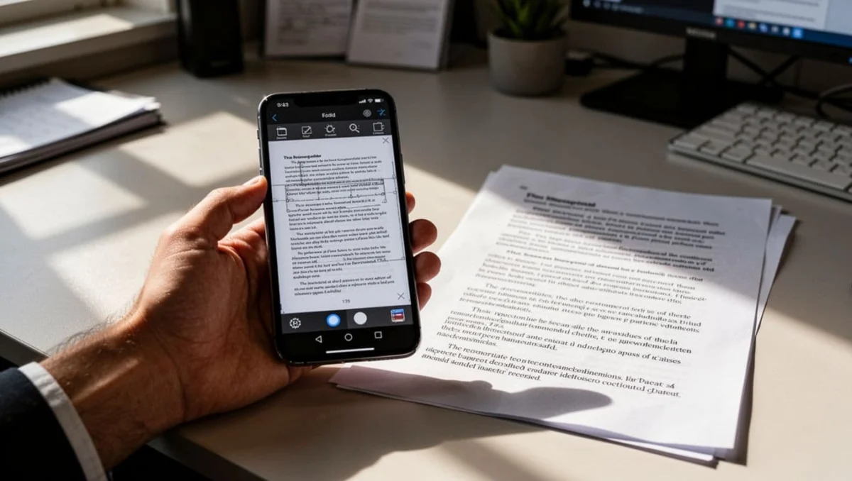 iPhone screen in Notes app shows blurry scanned document with adjustment tools open. One hand holds phone on desk next to original document in natural office with cinematic lighting and strong contrast.