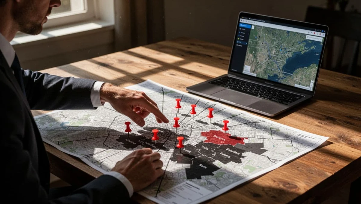 A detailed city map on a professional desk features six red pins marking high-income areas spaced 10-15 miles apart, with darker shaded zones overlaying affluent neighborhoods; one person points at the map next to a laptop showing Google Maps, in a cinematic style with dramatic lighting.