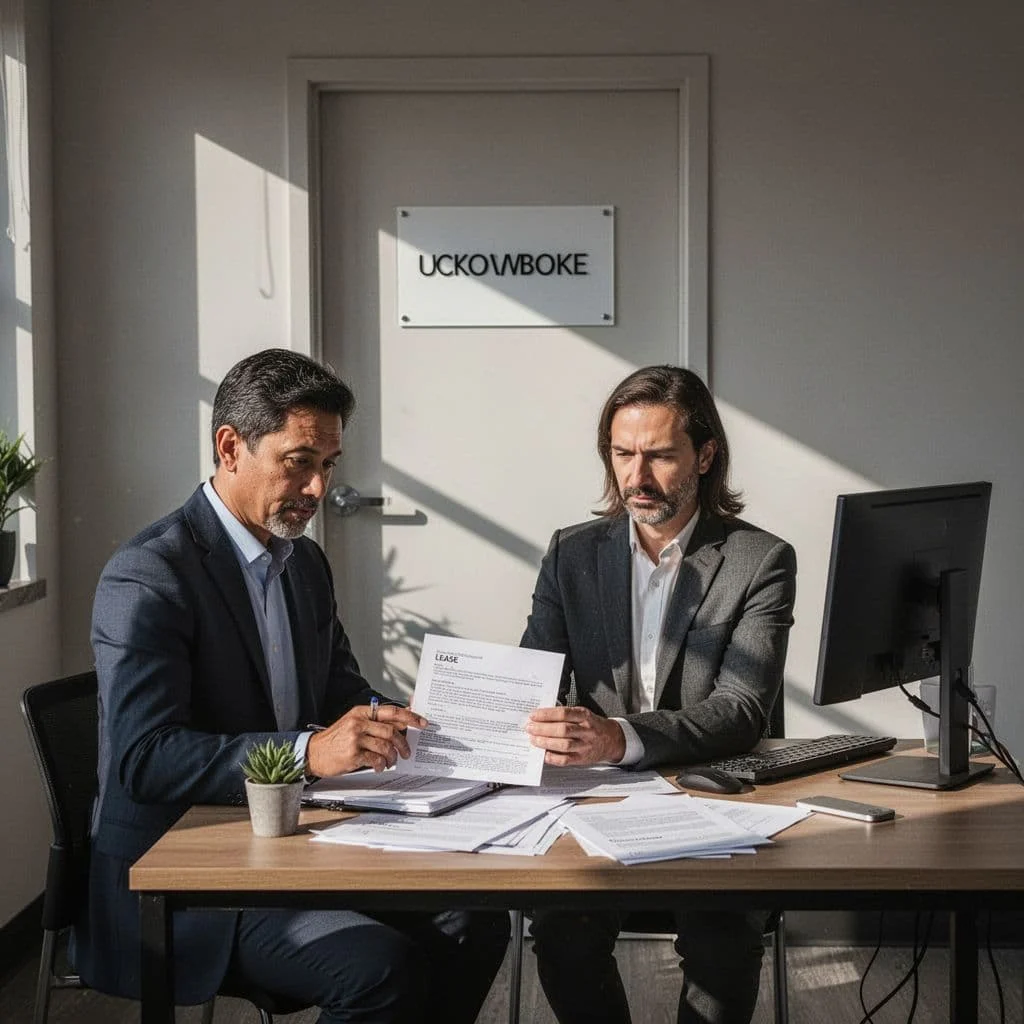 A lone business owner reviews lease documents at a desk in a small coworking office space, with a door sign showing the business name, natural light, and cinematic dramatic lighting.