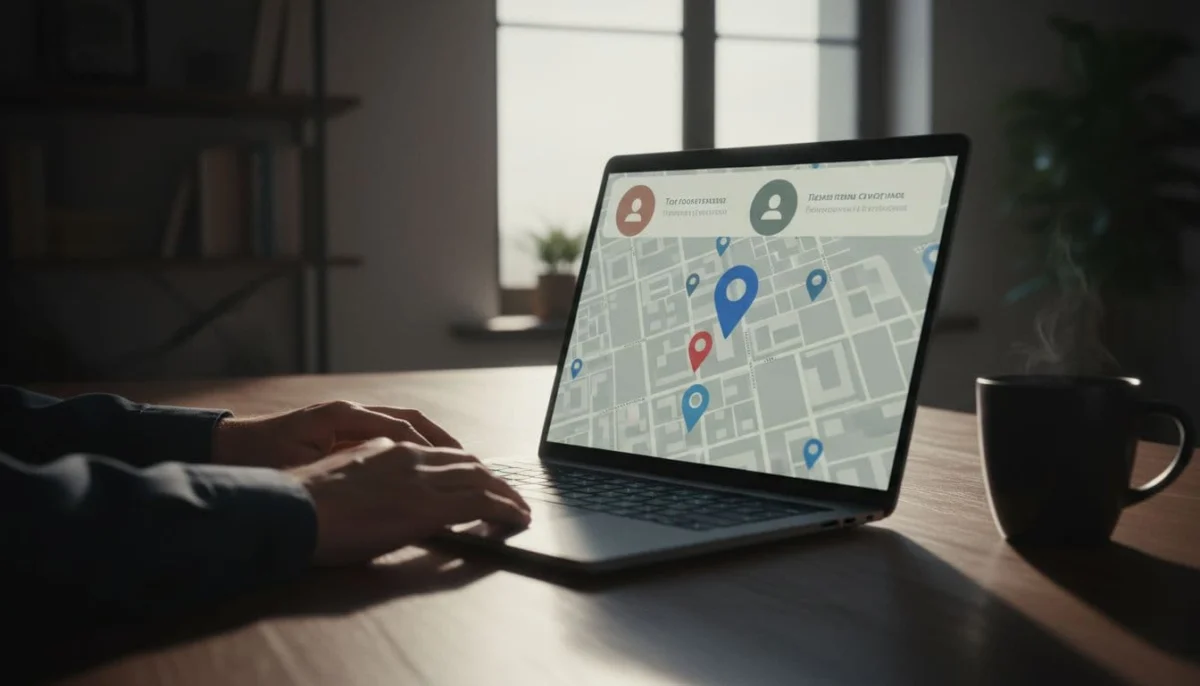 Laptop screen shows Google Maps with cleaning company in top 3 local pack and city map pins, hands resting on keyboard, coffee mug in professional home office, cinematic dramatic lighting.