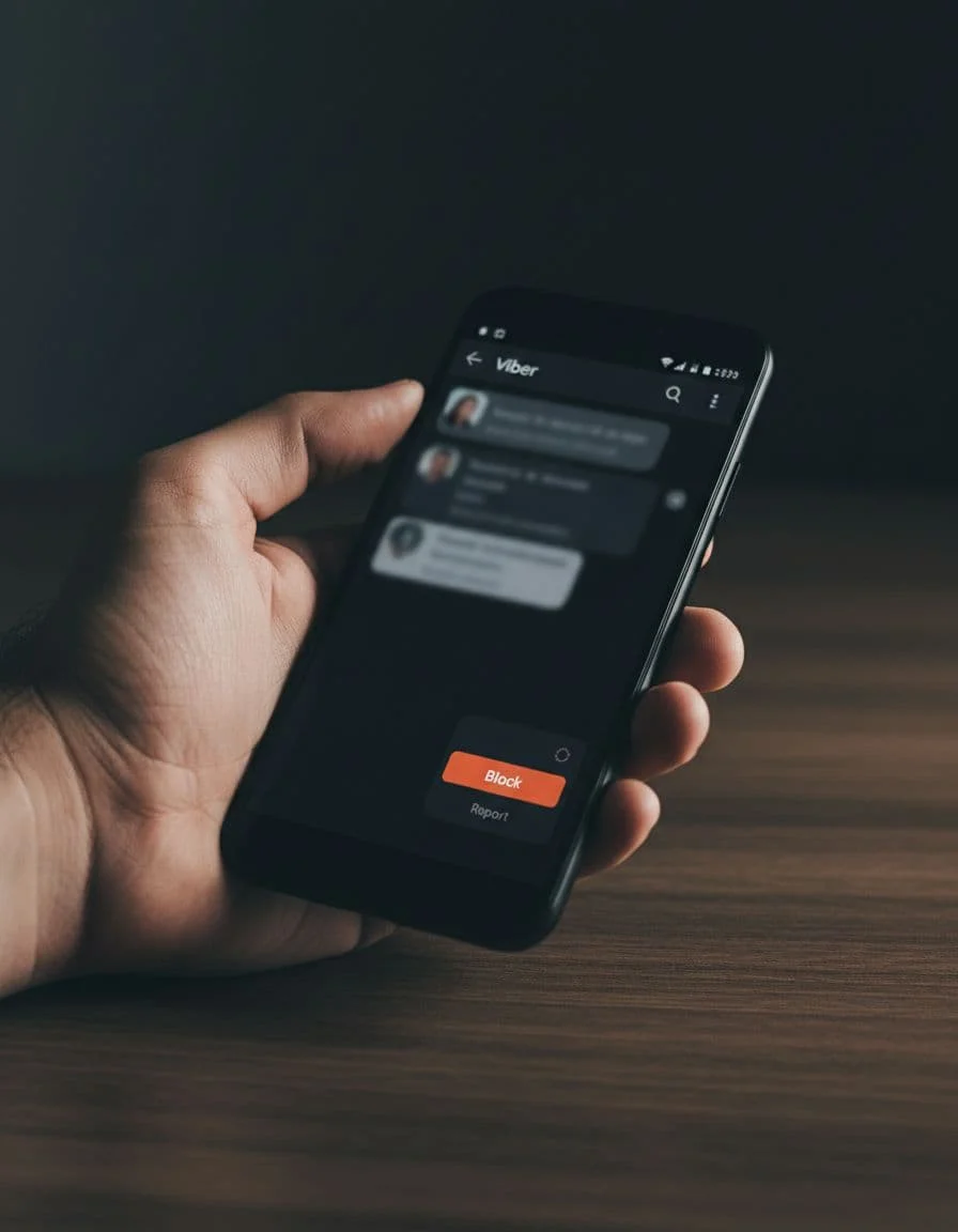 Close-up of a hand holding an Android smartphone with Viber app open to a chat conversation, contact info menu visible, and block option highlighted.