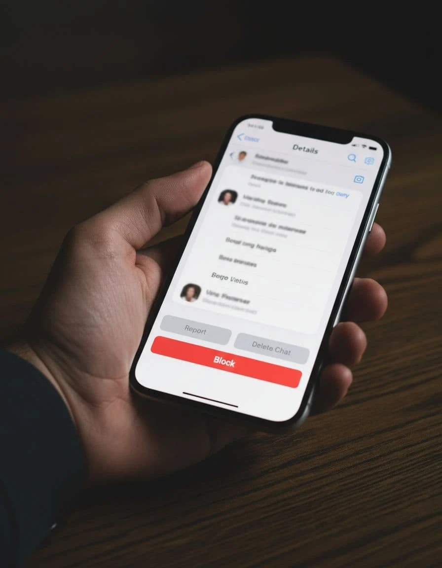 Close-up of a hand holding a sleek iPhone on a wooden table, displaying the Viber app open to a chat contact details menu with the block button area in focus. Cinematic style with strong contrast, depth, and dramatic lighting; exactly one hand and one phone, no extra people, no readable text, no logos or watermarks.