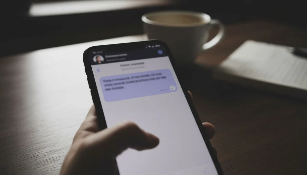 Close-up of smartphone screen showing Viber chat with message stuck on 'sent' status from blocked sender's view, hand holding phone on desk in cinematic light.