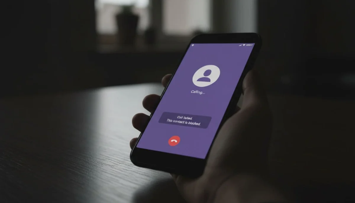 Close-up of a smartphone screen showing a Viber incoming voice or video call attempt from a blocked contact that fails to connect, featuring endless ringing or an error message from the caller's perspective, with a hand holding the phone on a desk in cinematic style with dramatic lighting.
