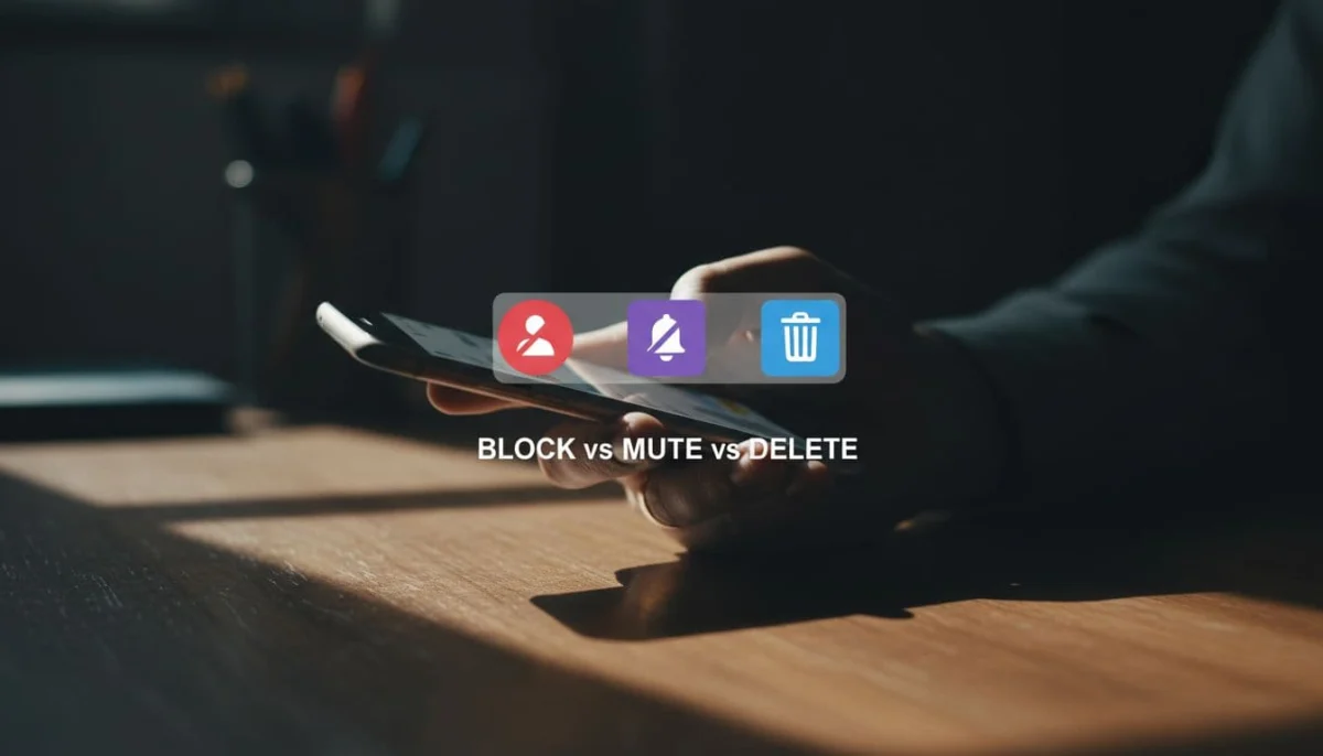Close-up of a hand holding a smartphone on a wooden desk, with Viber app interface showing block, mute, and delete contact options side by side in a cinematic style.