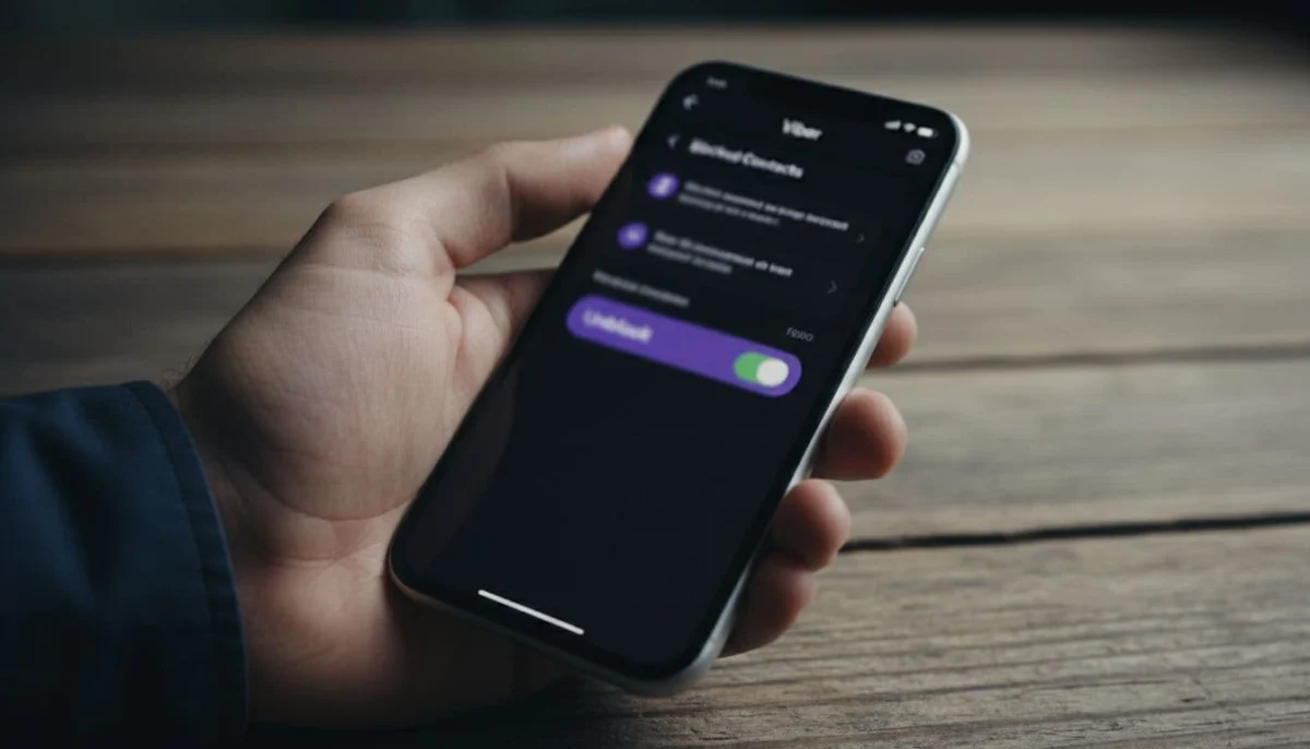 Close-up of a hand holding an iPhone on a wooden table, with the Viber app open to the blocked contacts list or unblock button in settings. Cinematic style featuring strong contrast, depth, and dramatic lighting.